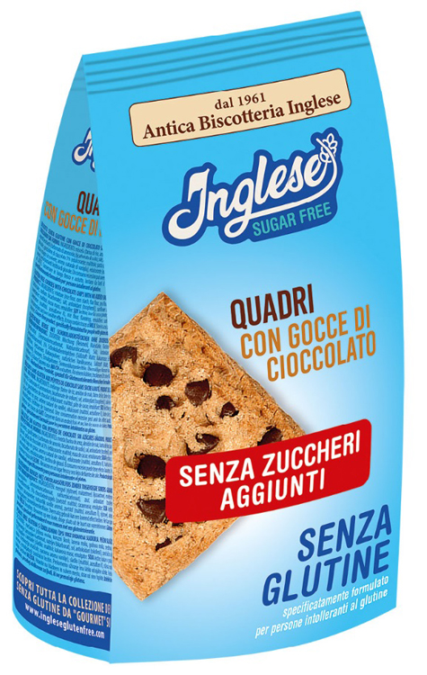 INGLESE BISCOTTI QUADRI CON GOCCE DI CIOCCOLATO SENZA ZUCCHERI AGGIUNTI 300 G - Farma Nice