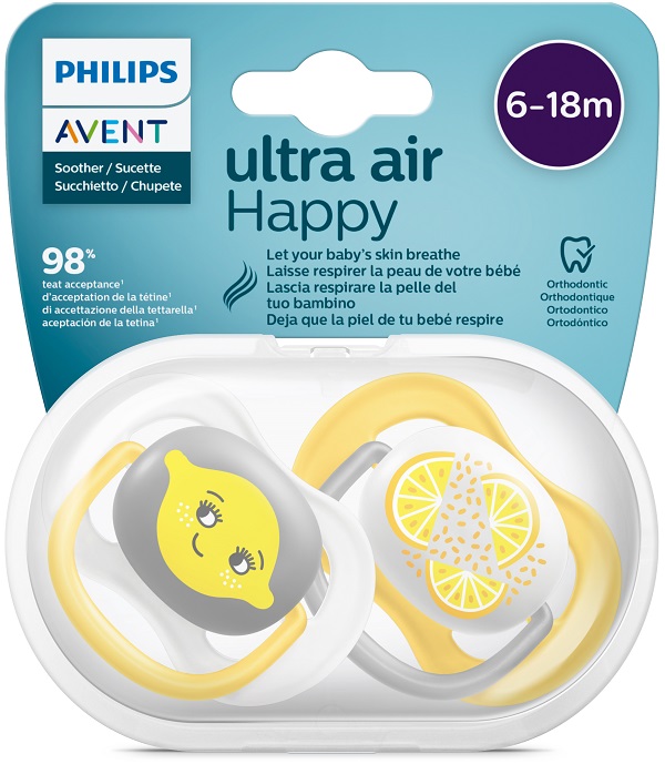 AVENT ULTRA AIR CIUCCIO ORTODONTICO 6-18 MESI NEUTRO/LIMONI 2 PEZZI - Farma Nice