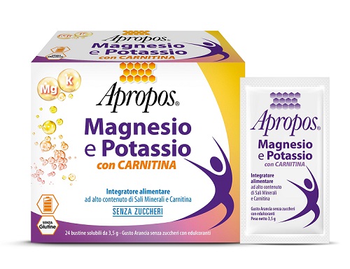 APROPOS MAGNESIO E POTASSIO CON CARNITINA 24 BUSTINE SOLUBILI DA 3,5 G GUSTO ARANCIA SENZA ZUCCHERI - Farma Nice