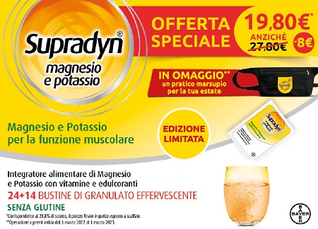 SUPRADYN MAGNESIO/POTASSIO SPORT EDITION 1 SUPRADYN MAGNESI O&POTASSIO 24 BUSTE + 1 SUPRADYN MAGNESIO&POTASSIO 14 BUSTE MARSUPIO OMAGGIO - Farma Nice