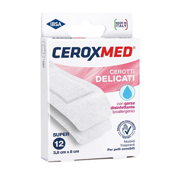 CEROTTI DELICATI CEROXMED CON GARZA DISINFETTANTE IPOALLERGENICI PER PELLI SENSIBILI SUPER 3,8X8CM 12 PEZZI - Farma Nice