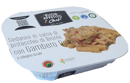 BUON APPETITO CHEF SEDANINI IN SALSA AL PISTACCHIO DI BRONTE CON GAMBERO ROSA E CILIEGINO LOCALE SENZA LATTOSIO 300 G - Farma Nice