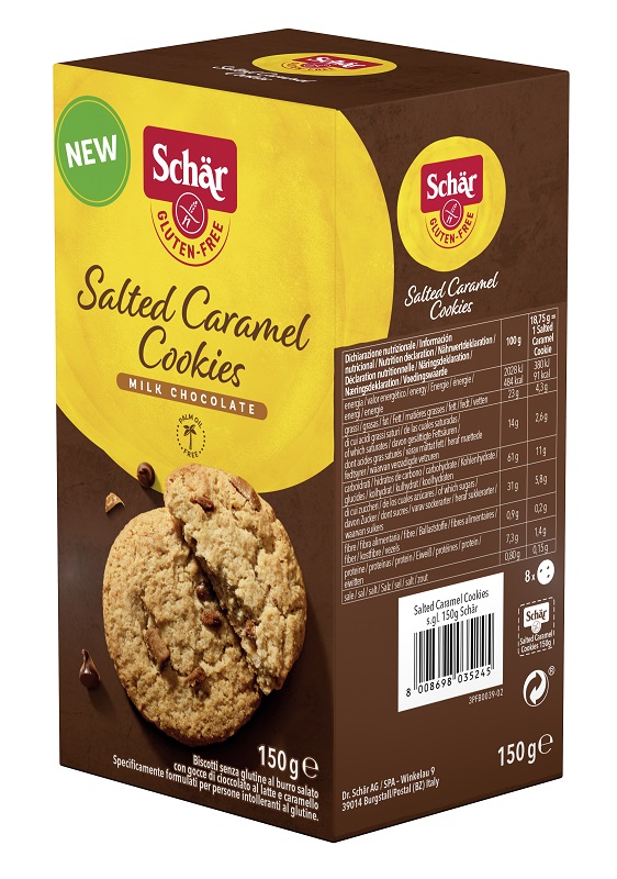 SCHAR SALTED CARAMEL COOKIES CON GOCCE DI CIOCCOLATO AL LATTE E CARAMELLO 150 G - Farma Nice