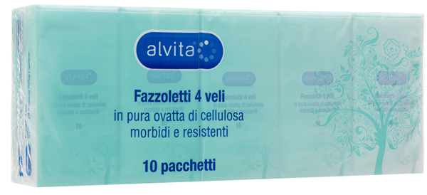 ALVITA FAZZOLETTI 4 VELI PURA OVATTA DI CELLULOSA 10 PACCHETTI - Farma Nice