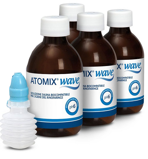 ATOMIX WAVE DISPOSITIVO PER IGIENE RINOFARINGEA ATOMIX SOLUZIONE SALINA 4 FLACONI DA 250 ML - Farma Nice