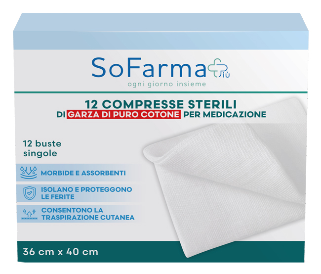 GARZA COMPRESSA IN COTONE 36X40 CM 12 PEZZI SOFARMAPIU' - Farma Nice
