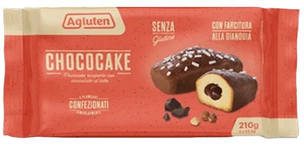 AGLUTEN CHOCOCAKE 4 PLUMCAKE RICOPERTI CON CIOCCOLATO AL LATTE CON FARCITURA ALLA GIANDUIA X 52,5G - Farma Nice