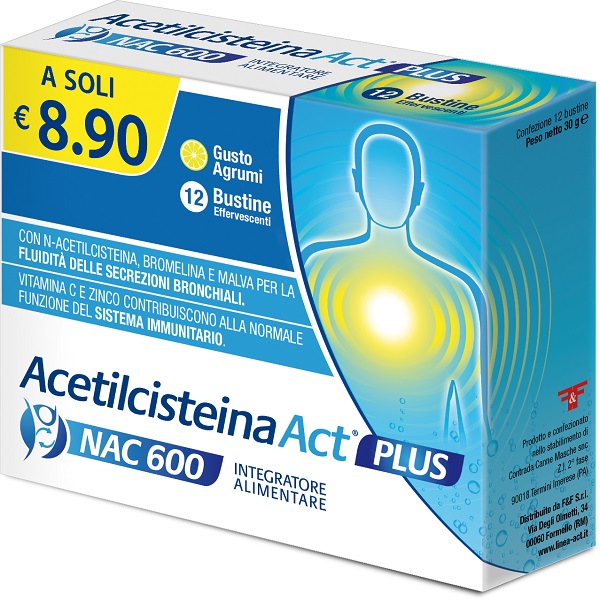 ACETILCISTEINA ACT PLUS NAC 600 12 BUSTINE EFFERVESCENTI AGRUMI - Farma Nice