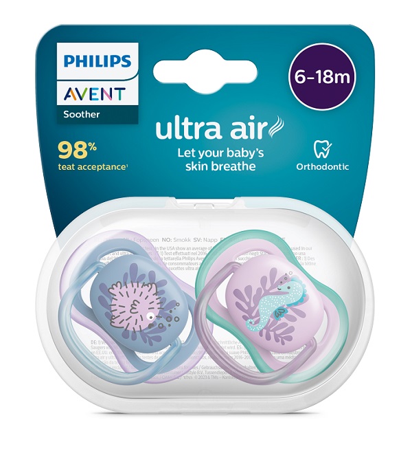 AVENT ULTRA AIR CIUCCIO ORTODONTICO 6-18 MESI PESCE PALLA/CAVALLUCCIO MARINO 2 PEZZI - Farma Nice