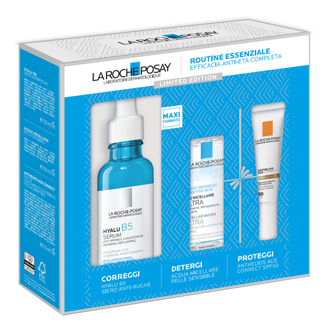 HYALU SIERO 50 ML NATALE 23 1 HYALU B5 SIERO ANTI RUGHE 50 ML + 1 ACQUA MICELLARE PELLE SENSIBILE 50 ML + 1 ANTHELIOS AGE CORRECT SPF50 TRATTAMENTO QUOTIDIANO 15 ML - Farma Nice