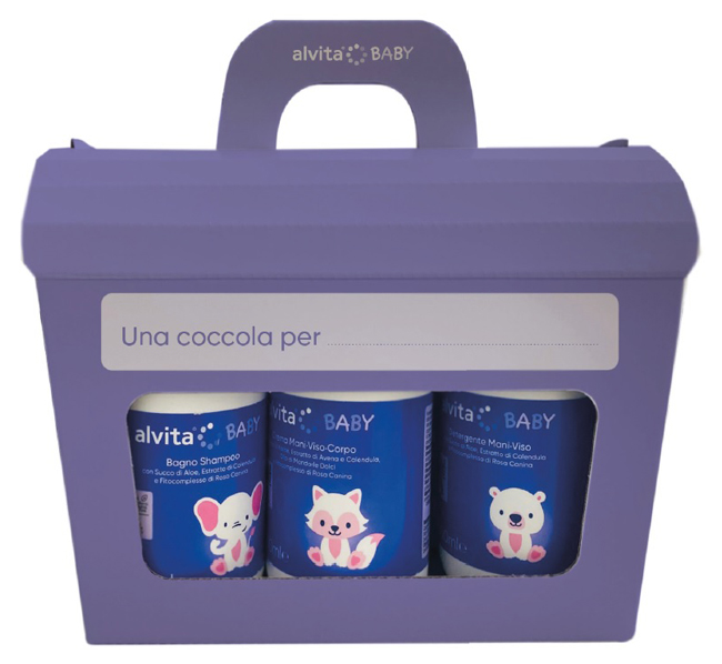 ALVITA COFANETTO BABY 5 PEZZI 1 BAGNO SHAMPOO 300 ML + 1 CREMA VISO CORPO 300 ML + 1 DETERGENTE MANI VISO 300 ML + 1 PASTA OSSIDO ZINCO 100 ML + SALVIETTE PURE WATER 60 PEZZI - Farma Nice