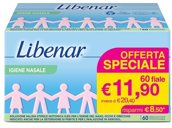 SOLUZIONE SALINA ISOTONICA 0,9% LIBENAR PER IGIENE NASALE 60 FLACONCINI MONOUSO X 5 ML - Farma Nice