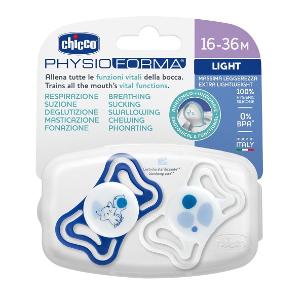 CHICCO SUCCHIETTO LIGHT BLU SILICONE 16-36M 2 PEZZI - Farma Nice